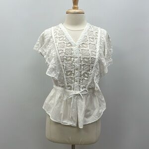 Place Nationale Crochet Button Down Flutter Sleeve Woven Blouse White Medium